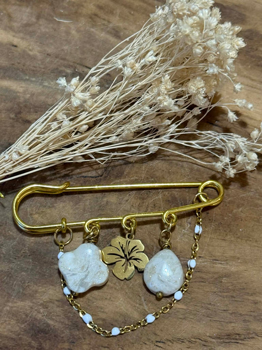 Broche fleur "Hibiscus" artisanale en pâte polymère – épingle bijou en acier inoxydable avec pampilles